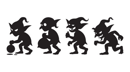 Black Silhouette of Four Evil Creatures Running with Objects on White Background