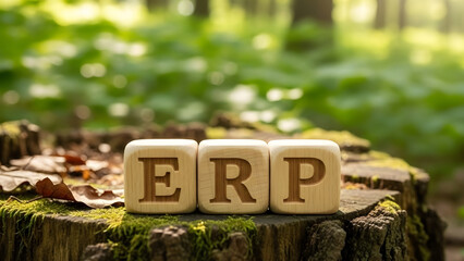 ERP wooden blocks on a tree stump in a forest enterprise resource planning