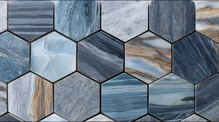 An abstract mosaic pattern features hexagonal tiles of natural stone. Each tile displays unique marble texture in shades of blue and grey, creating a visually appealing surface.