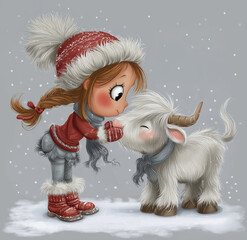 a cute little girl in red and white winter , wearing boots on her feet, kissing the nose of an adorable baby cow with long fur. 