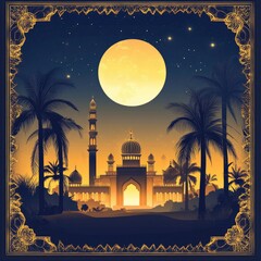 Majestic mosque under golden full moon with palm trees
