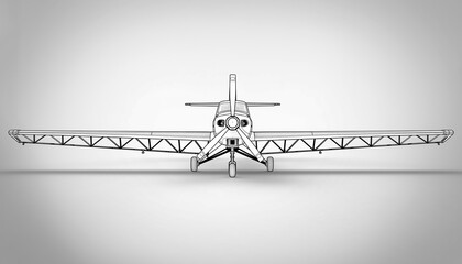 Front View Black and White Line Art of an Agricultural Spray Airplane with Wide Stance Fixed Gear on a Light Gray Background