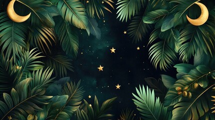 Magical night sky with lush tropical leaves and golden crescent moons