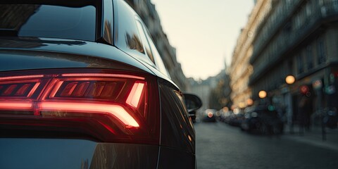 Close-up of car's taillight with a city street in the background, daytime, warm colors