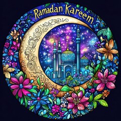 Vibrant Ramadan Kareem celebration with mosque under starry night sky