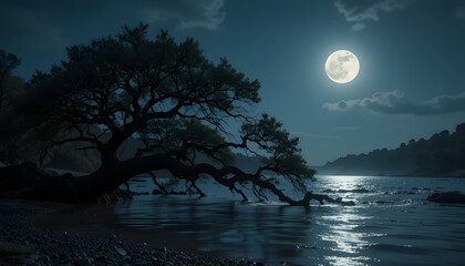 moonlit tree over calm water at night/ serene nature landscape 4k pc wallpaper