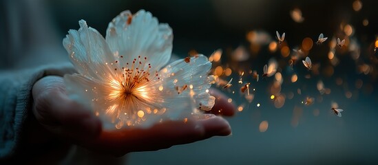 Hand holding a glowing white flower with sparkling particles