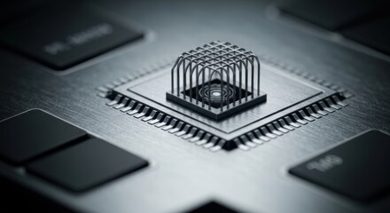 Close-up of a central processing unit with heat sink, metallic surface