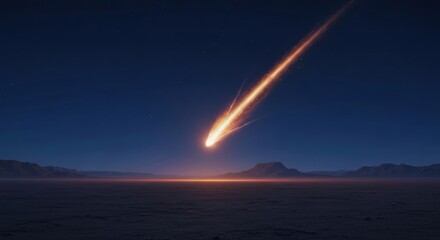 Glowing meteor streaks across a dark sky above a barren landscape