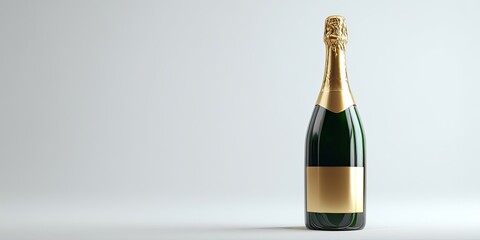 A single champagne bottle, green glass and gold foil, sits on a white surface