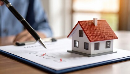 Real Estate Contract Review with Model House and Pen.