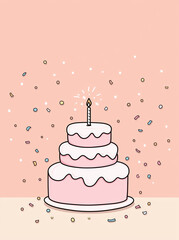 a cute birthday cake clipart, minimalistic vector art, pastel pink background, 