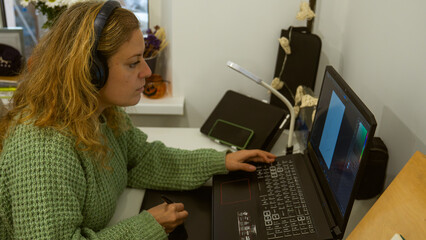 A woman focusing on her work at a desk, using a graphic tablet and laptop for digital design.