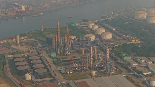 Aerial view of petroleum refinery infrastructure in Dhaka, Bangladesh