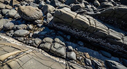 Rocks and boulders by water stream.