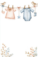 a soft watercolor illustration of a cute baby clothesline scene on a clean white background.