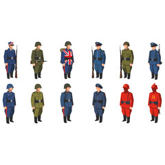 Collection of World War II soldiers in various uniforms representing different nations.