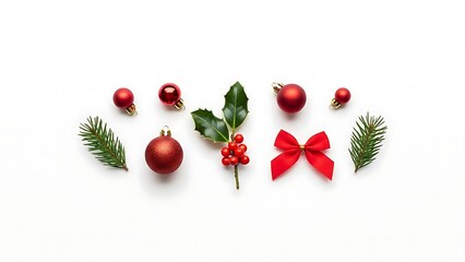 Christmas branch decoration with red holly berries and green leaves on white background
