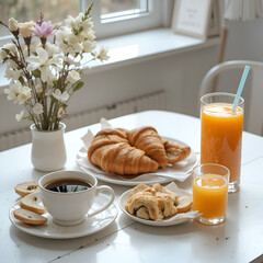 breakfast with croissant and coffee