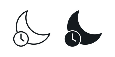 Night mode icon with crescent moon and clock symbol, representing sleep time, quiet hours, dark theme scheduling and time management concept