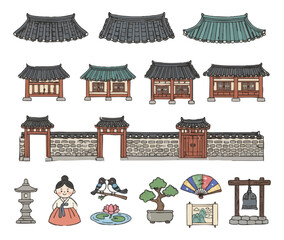 Korean Traditional Hanok Architecture and Culture Symbol Element Illustration Set
