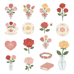 Romantic Rose Bouquet and Decoration Illustration Element Set