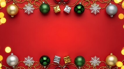 Red and gold Christmas background with decorative baubles, ribbon bow, and tree ornaments for holiday greeting card design