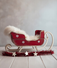 a red wooden sleigh with white fur .