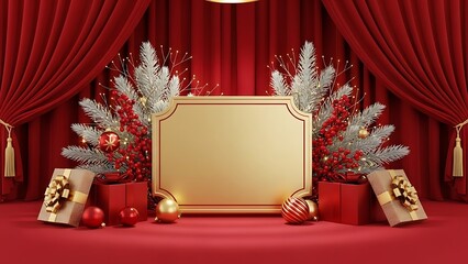 Red and gold Christmas frame with curtains, holiday bow, and festive tree decoration