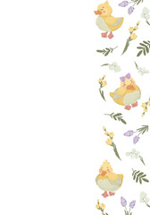 Easter frame with cute ducklings in a nest and spring flowers, hand-drawn vector illustration. Frame template for a holiday greeting card.