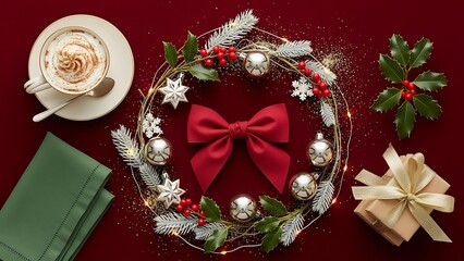 Merry Christmas decoration with red and gold ribbon bow ornament on a red background for the holiday season