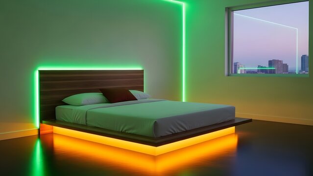 Modern bedroom with vibrant green neon wall lighting and a glowing orange underlit platform bed. Minimalist interior design featuring a city skyline view.