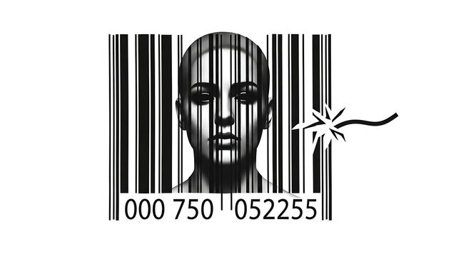 Barcode scanning reveals a bald man's face with a crack