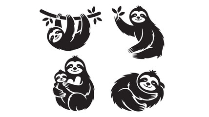 Sloth Silhouettes Hanging on Tree Branch and Sleeping