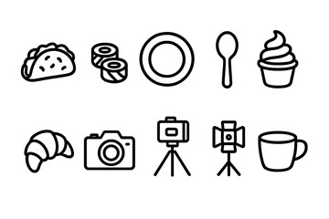 Food and photography outline icon set for dining and camera enthusiasts