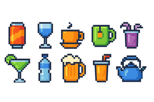 Beverage pixel icon set. Drinks, cocktails, tea, coffee icons pixel art collection.