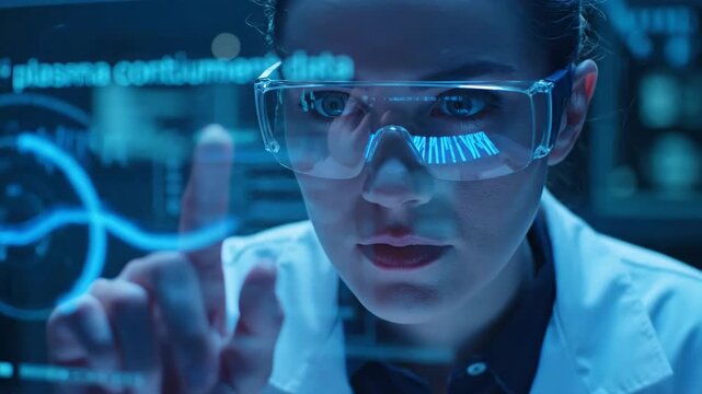 Focused Scientist Analyzing Plasma Data with Futuristic Augmented Reality Display