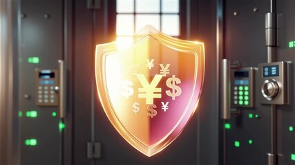 Video shows a shield with financial symbols guarding data in a secure vault - Powered by Adobe