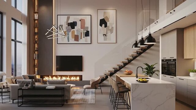 Duplex loft apartment rendering showing minimalist luxury design