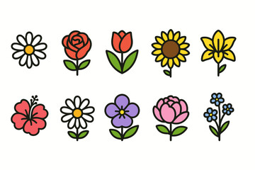 Fototapeta premium Flower flat icon set. Vibrant nature, floral, botanical symbols collection