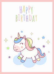 happy birthday card with illsutration of unicorn