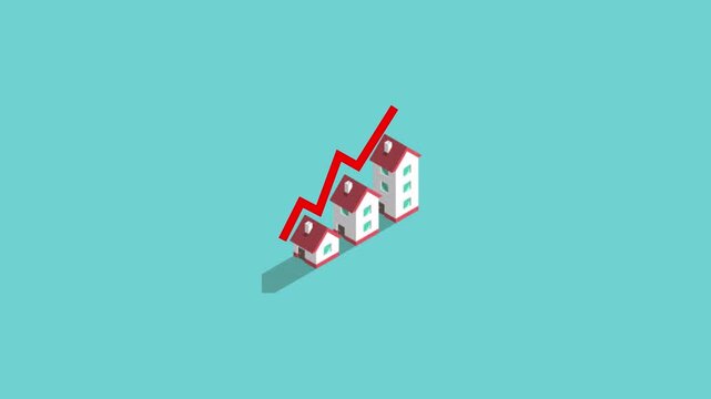 Housing market decline animation with downward arrow and shrinking houses on transparent background in 4K animation