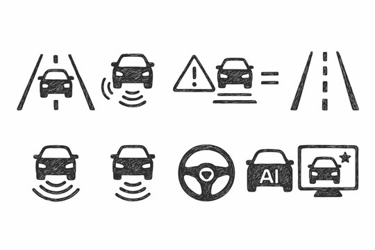 Autonomous driving outline icon set. Ai, vehicle, sensor, road safety icons collection