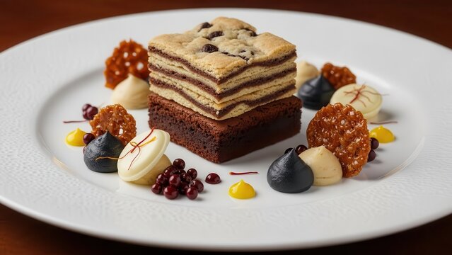Layered chocolate and vanilla brownie square served on a white plate with various garnishes including meringue, berries, and tuiles