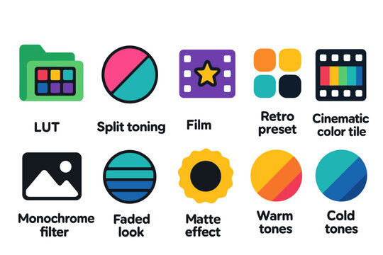 Video editing, lut solid icon set. Color grading, retro, cinematic icons collection