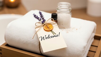 Bath salts, lavender, and towel arrangement