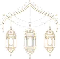 Ornate Gold Islamic Lanterns Hanging under Decorative Arch with Stars for Ramadan Kareem and Eid Celebration