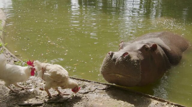 Hipop&oacute;tamo comiendo con gallinas