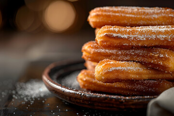Close-up of freshly fried churros with sugar dusting for dessert presentation