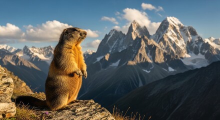 Himalayan marmot standing upright on alpine grassland with thick fur and alert posture. A large mountain rodent commonly found in high-altitude Himalayan regions.
